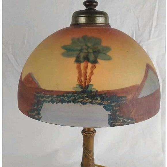Rare Vintage Reverse Painted Egyptian Style Landscape on Glass Table Lamp. - Picture 2 of 11